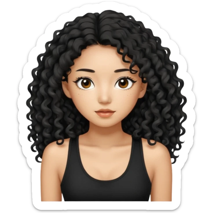 Korean woman with black cute long curly hair  with a black top tank with long lashes sticker