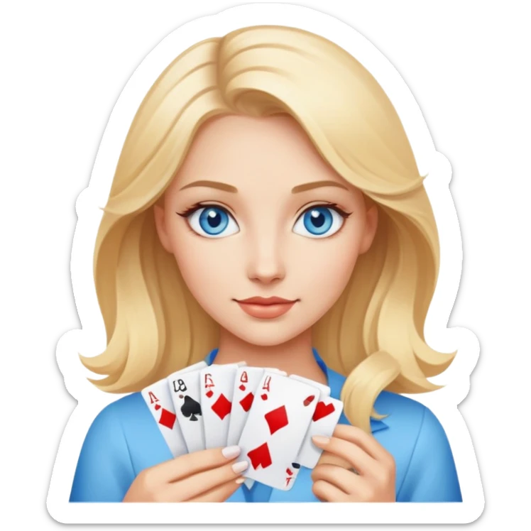 Make an image of a beautiful blonde haired woman with blue eyes holding a set of cards sticker