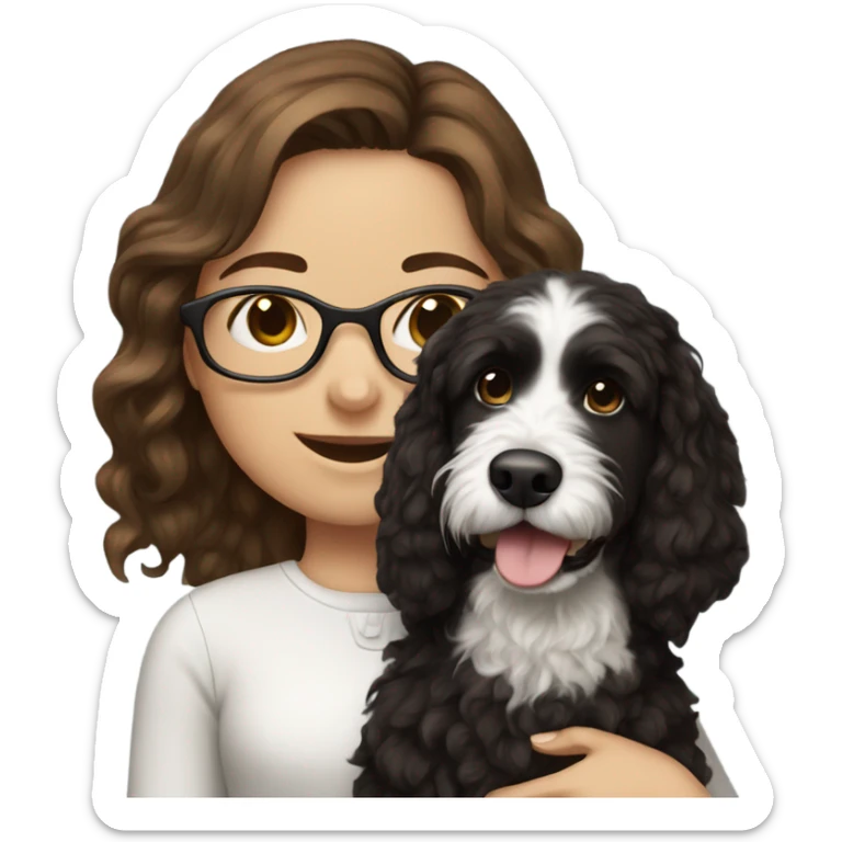 Girl with brown hair and glasses with a black and white bernadoodle dog sticker