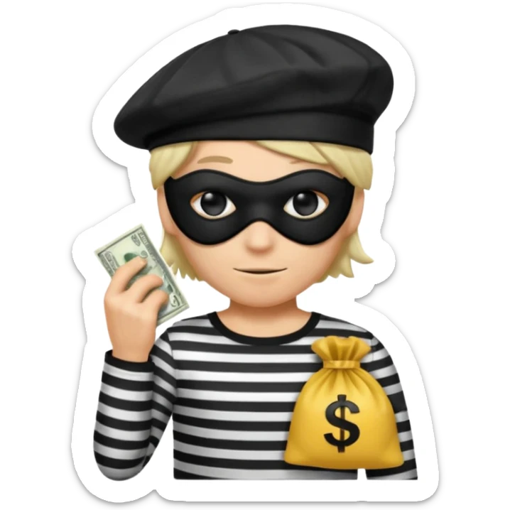 a short ios emoji-style portrait of a classic burglar, a black eye mask (looks like a blindfold) and a black-and-white striped shirt. emoji-like hair, black hat, ONE bag of money 💰 with a dollar sign in a right corner sticker