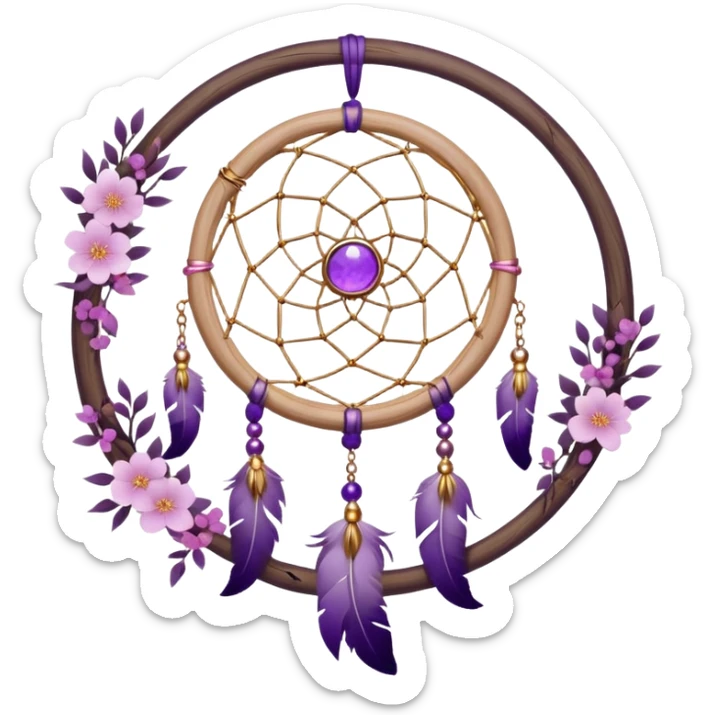 A white-wooden-circle-framed Dreamcatcher, with purple-round-orb-stones, gold-ring-accents, purple tint flowers, pink sakura flowers, sticker