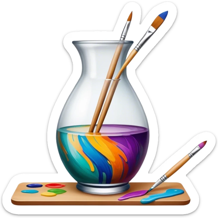 Glass painting icon, colorful brushstrokes on a glass vase, intricate painted patterns on the surface, visible fine paintbrush and palette beside it, no liquid inside the vase, minimalistic style, clean lines, transparent background. sticker