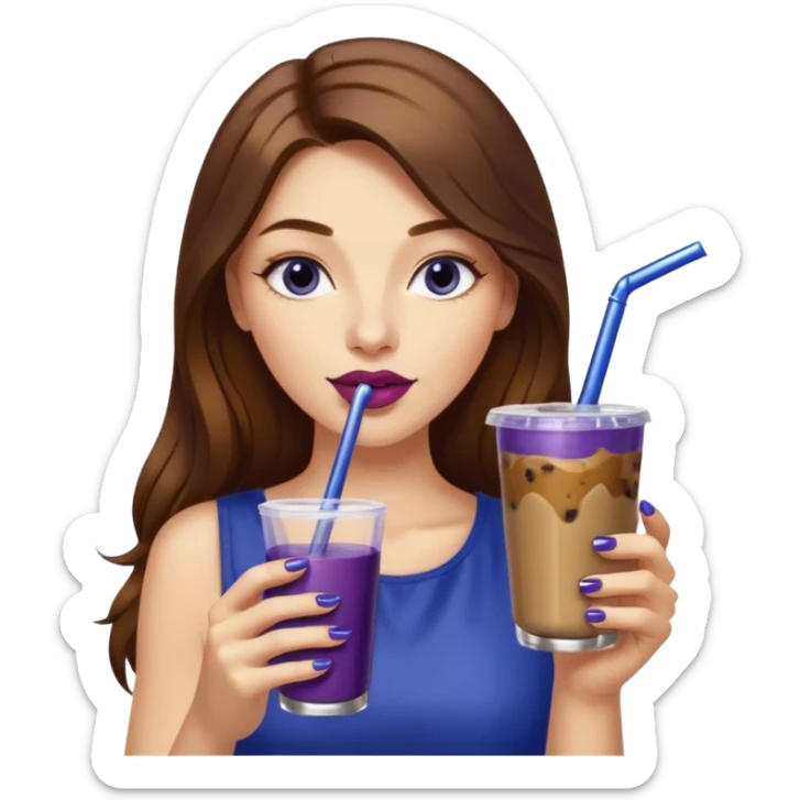 girl with long brown hair, wine lipstick, gold nail polish, drinking a blueberry butter pecan iced coffee with a metallic straw  sticker