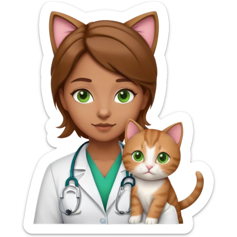 doctor girl medium light brown hair green eyes in a doctor suit and a cute kitty sticker
