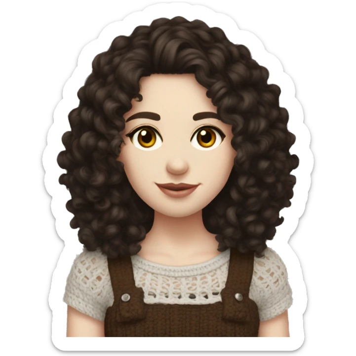 pale skin and dark brown eyes young adult with dark curly hair , crocheting a top  sticker