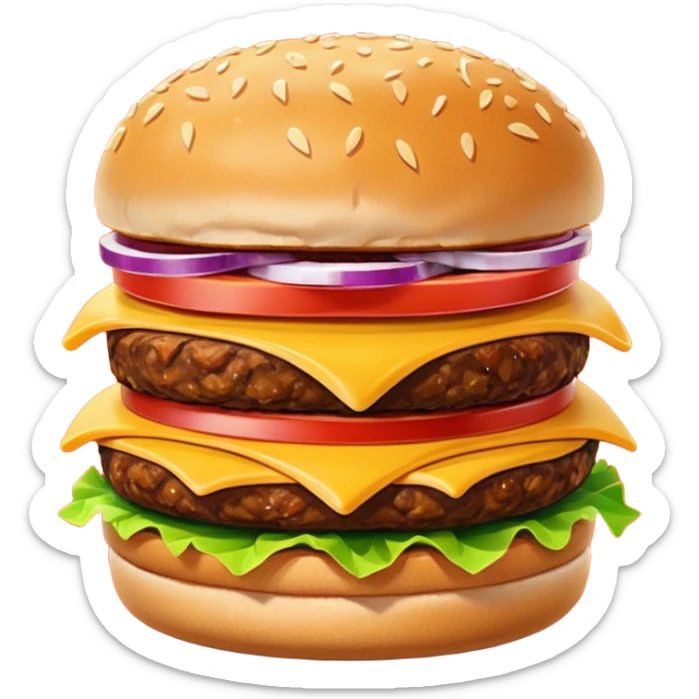 A clean and simple icon of fast food in emoji-style illustration. A burger with fries, nuggets and shawarma, bright and bold colors, simple shapes, flat design, high contrast, inviting and appetizing. sticker