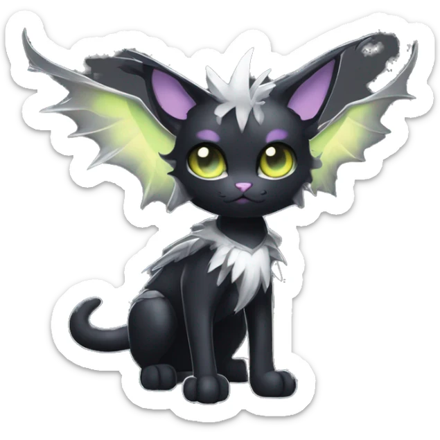 Shiny Cool Punk Black beautiful fantasy Kawaii Ethereal Sona Fakemon-cat-animal with edgy bat-wings-ears Full Body sticker