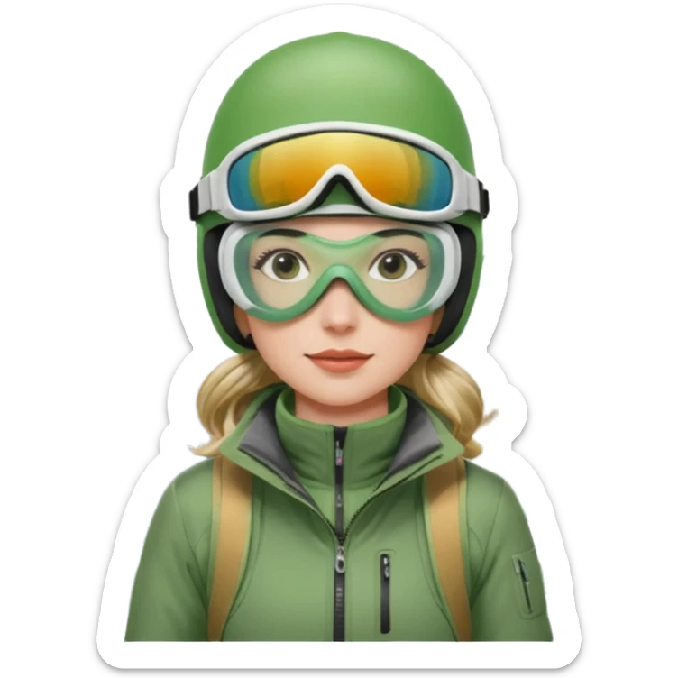 Woman, skiing, White helmet, rosa goggles Green Jacket, green trousers, background Matterhorn sticker