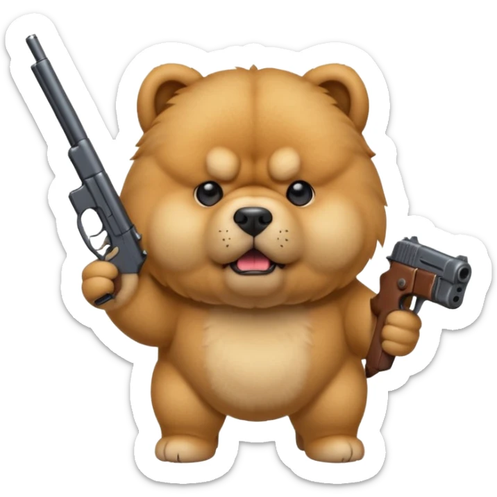 Funny cartoon-style chow chow dog with light fur standing on its hind legs and holding a gun menacingly sticker