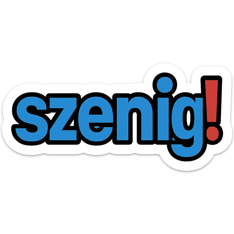 Text logo with the word 'szenig!' filling the entire area. The word 'szenig' is in blue, and only the exclamation mark is in red. Modern digital style with no background. sticker