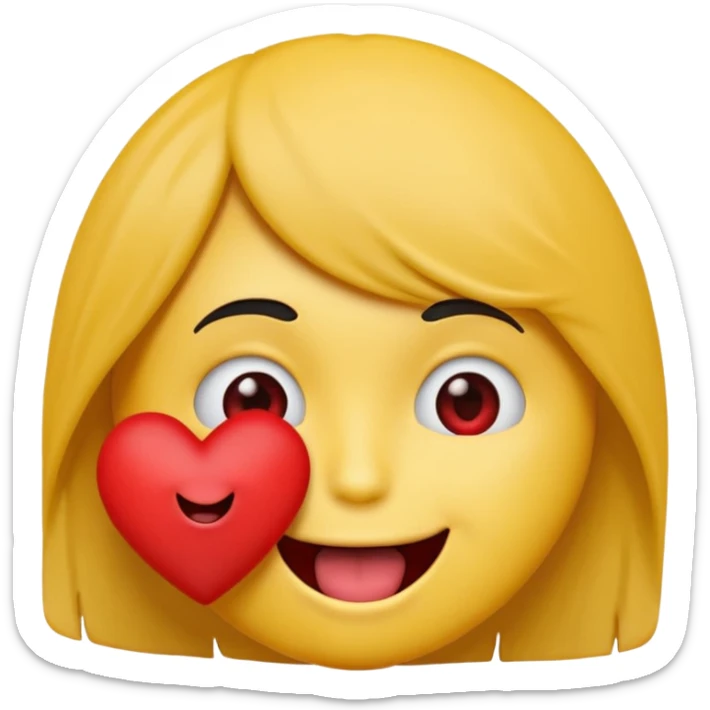 yellow emoji face holding a heart and hes so happy with emo hair covering one eye so happy with teeth and tongue sticker