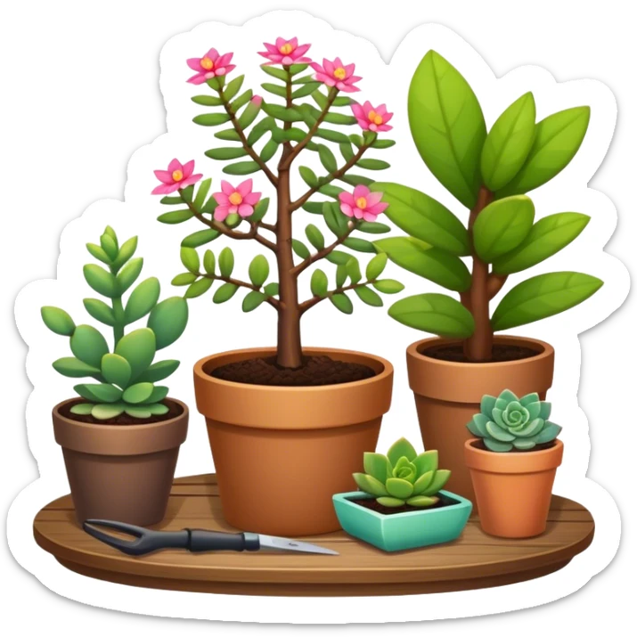 Close-up of a potted sapling with vibrant flowering plants around it, in rich soil. Sunlight filters through the window, casting soft shadows. Cozy indoor garden with blooming flowers, succulents, and gardening tools placed neatly on a wooden table. sticker