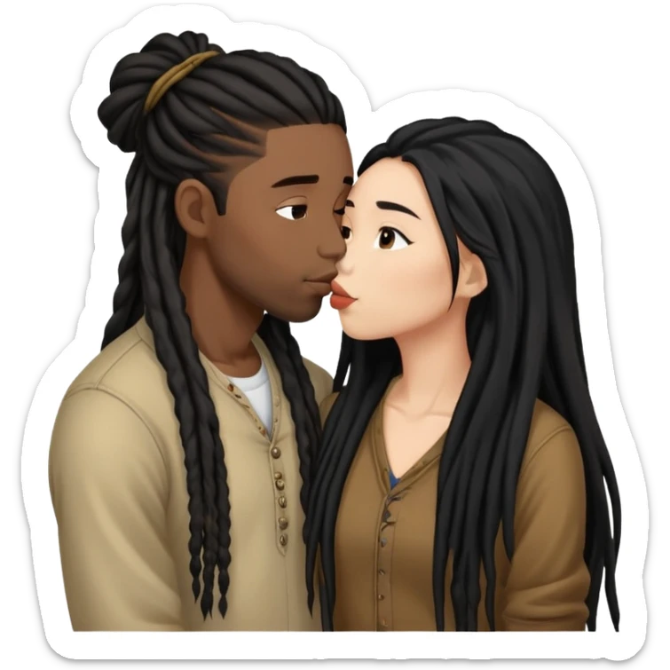 Asian Woman with long hair kissing a young black guy with dreads no beard sticker