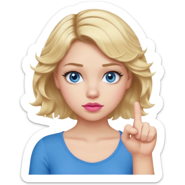 Girl Blonde short wavy hair,  blue eyes, cute blue top, long lashes, pink lips, showing thumbs down 👎  sticker