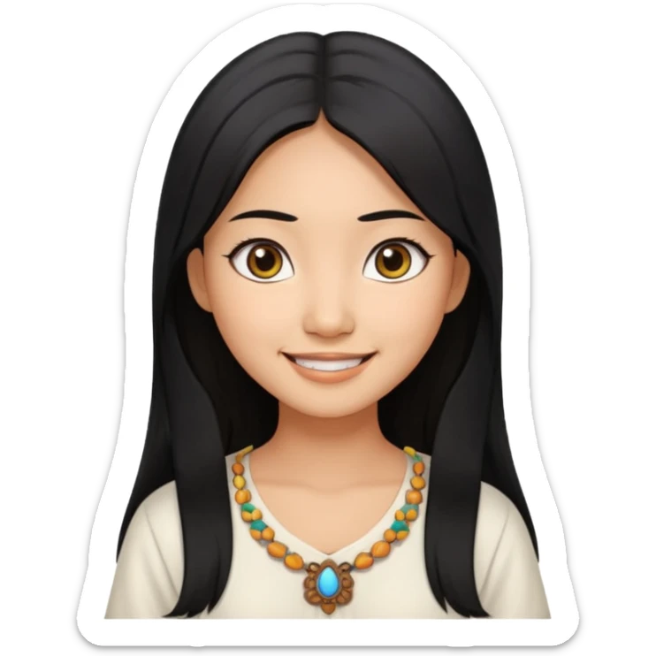 30 yr old asian woman center parted hair big eyes big smile tanned skin straight black hair hippie part hair white blouse sticker