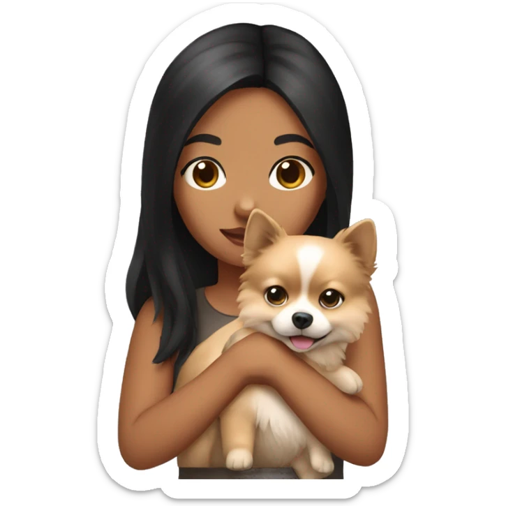 Girl holding pomeranian. The girl has black hair and medium skin sticker
