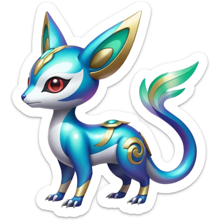 Shiny Colorful Futuristic Oriental Painted Asian Vernid-Trico-Meloetta-Latias-Koraidon-Peppercat-Protogen-Pokémon-Digimon-Fakémon-fusion-hybrid-creature sticker