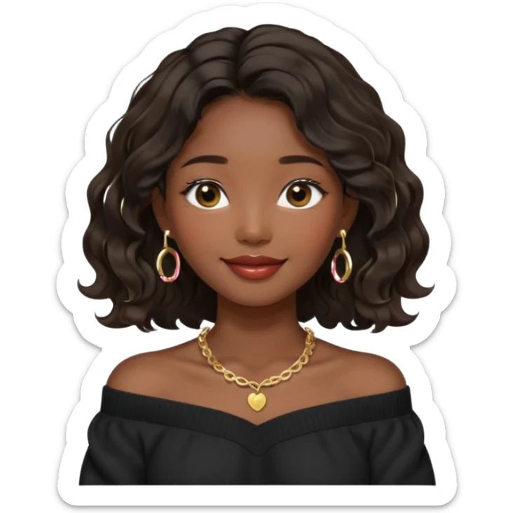 A South Korean girl with dark brown black wavy hair with middle part and layers. She is wearing a black off the shoulder long sleeve sweater, tiny gold hoop earrings and a dainty gold necklace. She is sweet and smiling with lips together sticker