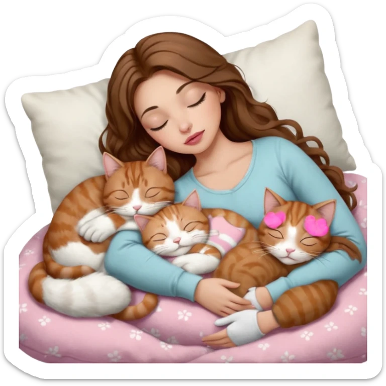 girl with long wavy brown hair, brown eyes, long lashes makeup, sexy pink lips, light to medium complexion,  sleeping on a cozy pillow, with 6 cats: 1 brown and white tabby cat, 1 ginger and white, 2 grey and white, 1 grey with white mittens and small white patch on chest and 1 calico, sleeping sticker