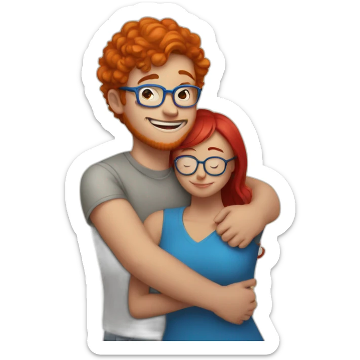 a boy and a curvy girl with red hair and blue glasses hugging sticker