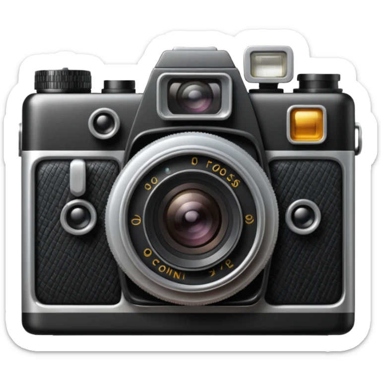 Emoji of a vintage camera, detailed lens, flash effect, photography-themed. sticker