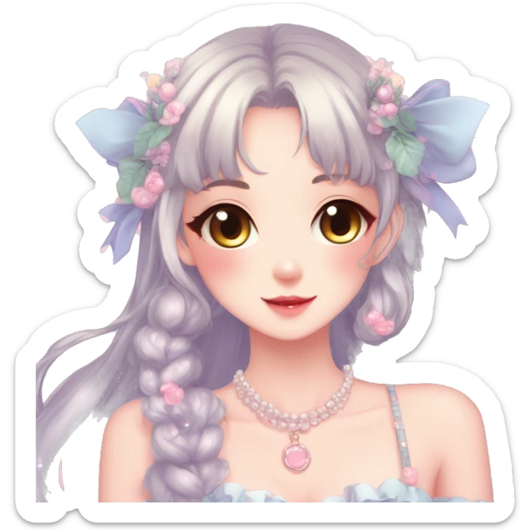 Gorgeous anime style lady with blushing face and accessories cottagecore fairycore Kawaii anime colorful pearly romantic aesthetic trending style sticker