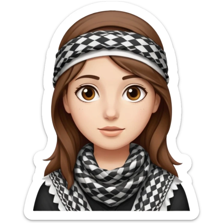 A girl wearing a Palestinian keffiyeh, brown hair, beautiful, and fair-skinned, a teenager sticker