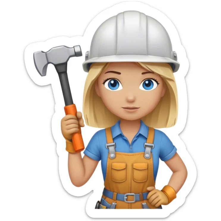 A blond girl blue eyes, handyman Outfit, wearing a Helmet and a Hammer, Whole body  sticker