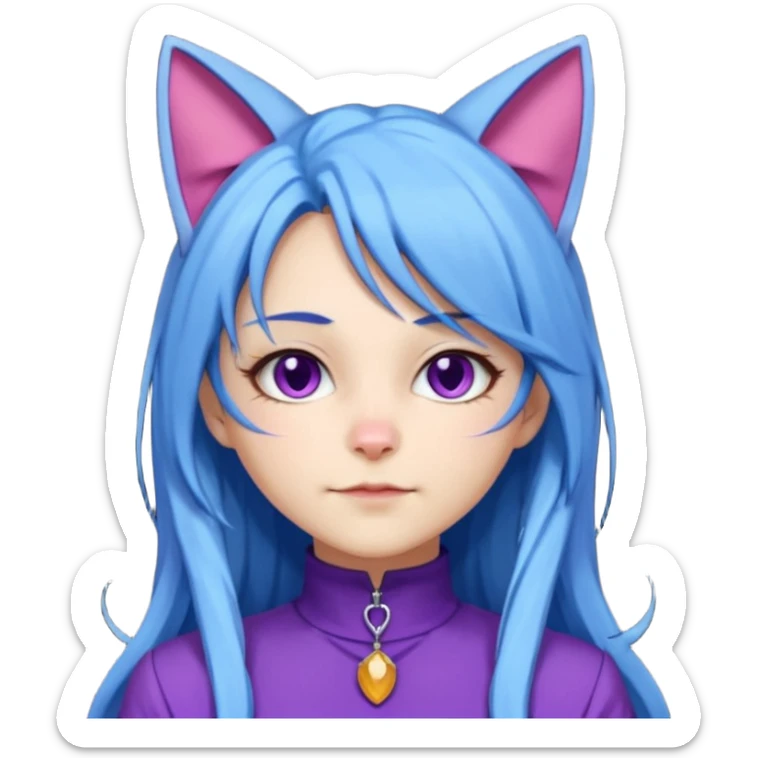 The image is a 3D rendering of a female character with long blue hair and cat ears on her head. She is wearing a purple outfit with a high neckline and long sleeves.  sticker