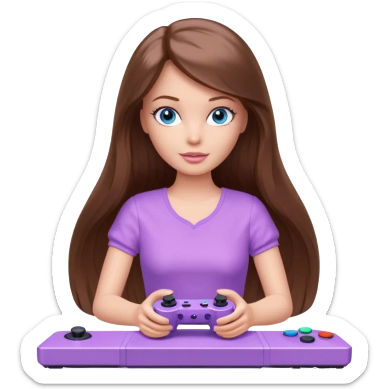 beautiful barbie girl with long brown hair, blue eyes and wearing light purple clothes playing console games with controller sticker