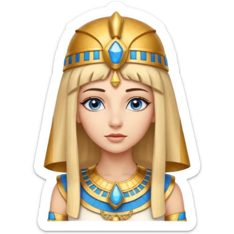 Cleopatra vestita da faraone con il cappello da faraone ma con gli occhi azzurri e i capelli lunghi biondi non troppo chiari con il cappello da faraone dorato senza frangia  sticker