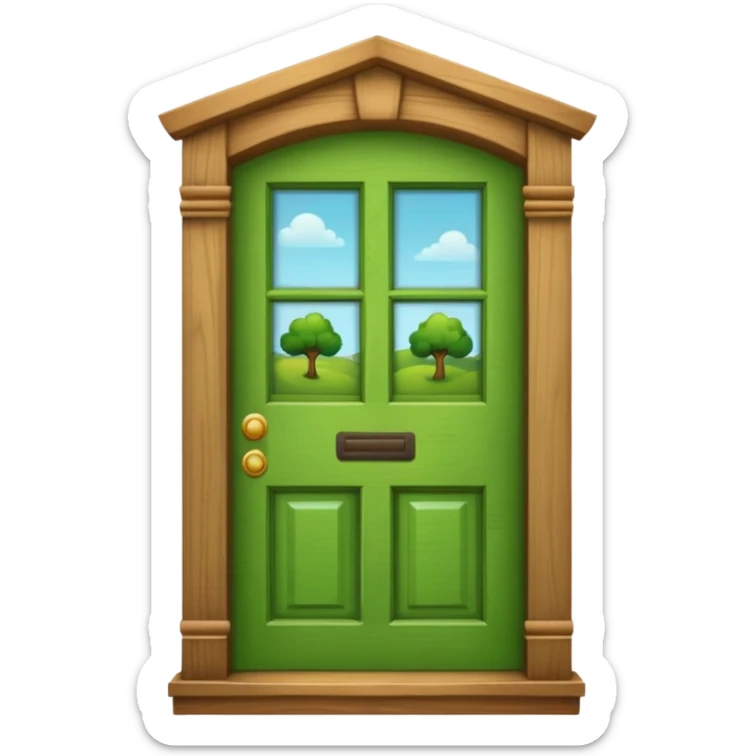 A wooden green door emoji in the style of Apple emoji with a window sticker