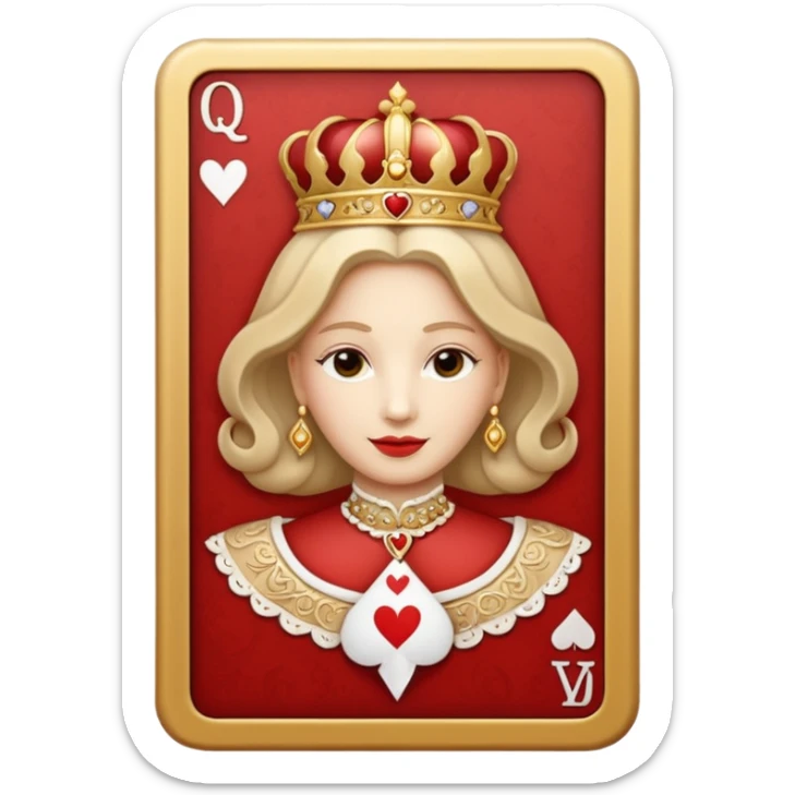 a playing beige and white card depicting the Queen of Hearts in gold sticker