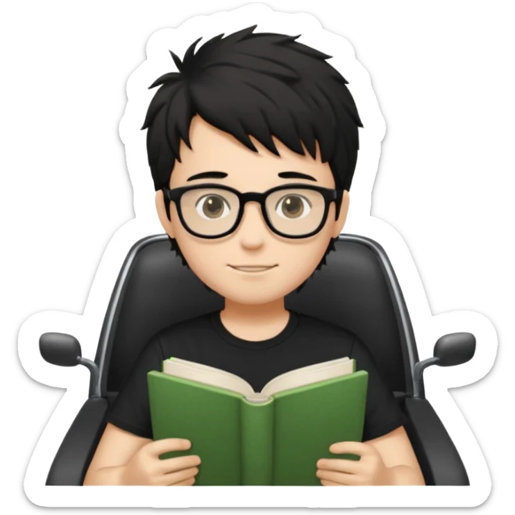 generate a pretty bratz fair skinned boy with black messy hair wearing a black tshirt driving. Glasses on. holding books sticker