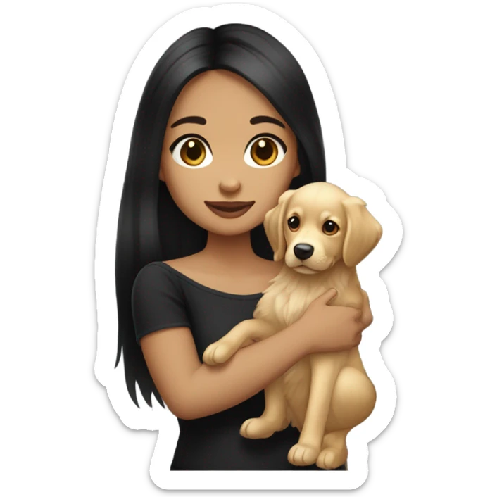 girl with white skin and long straight black hair and small face wearing an off shoulder black shirt, while holding her golden retriever puppy  sticker