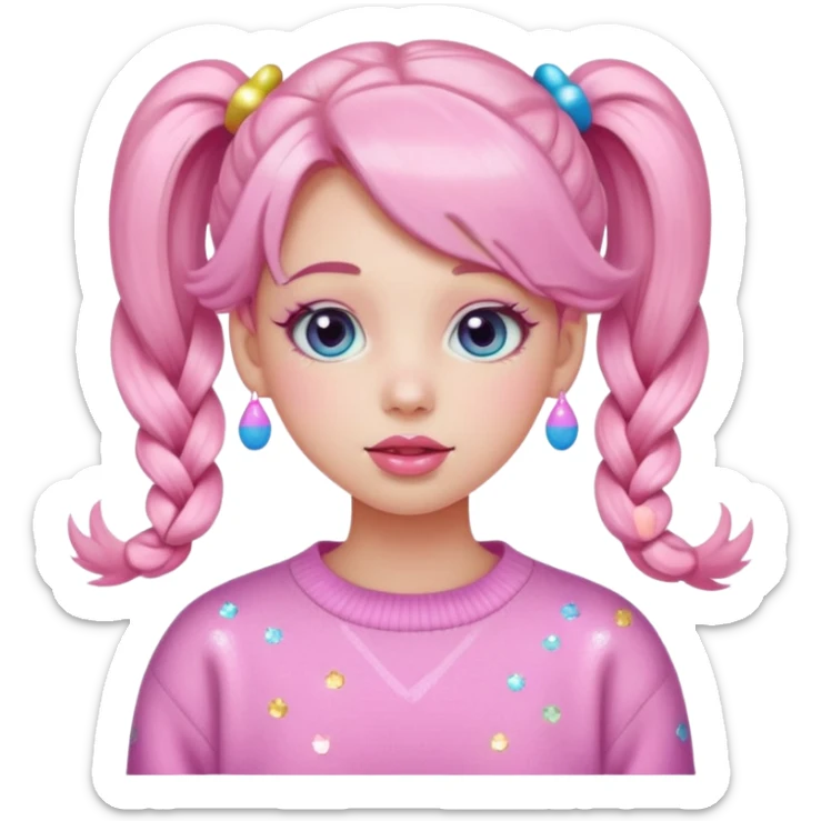 “Emoji girl, pastel pink blush, sparkly wide eyes, glossy bubblegum lips, hair in pigtails with colorful clips, oversized pastel sweater.” sticker