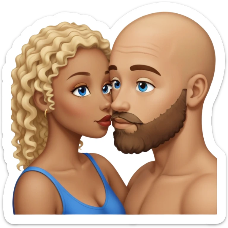 bald head man with brown eyes and beard kissing African woman with blue eyes and curly blonde hair sticker