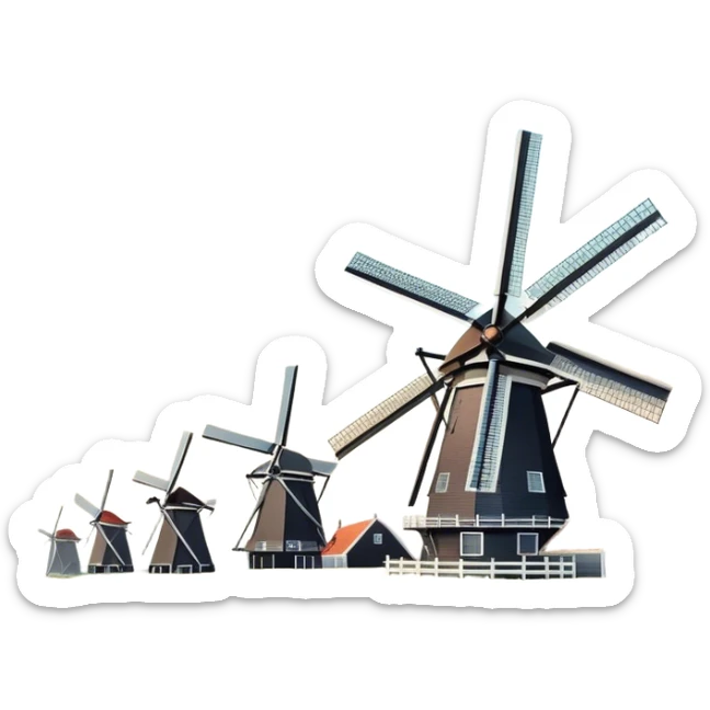 Cinematic Realistic Kinderdijk Windmills Landmark Emoji, depicted as a row of classic Dutch windmills set against a serene sky rendered with detailed textures and soft natural lighting. sticker
