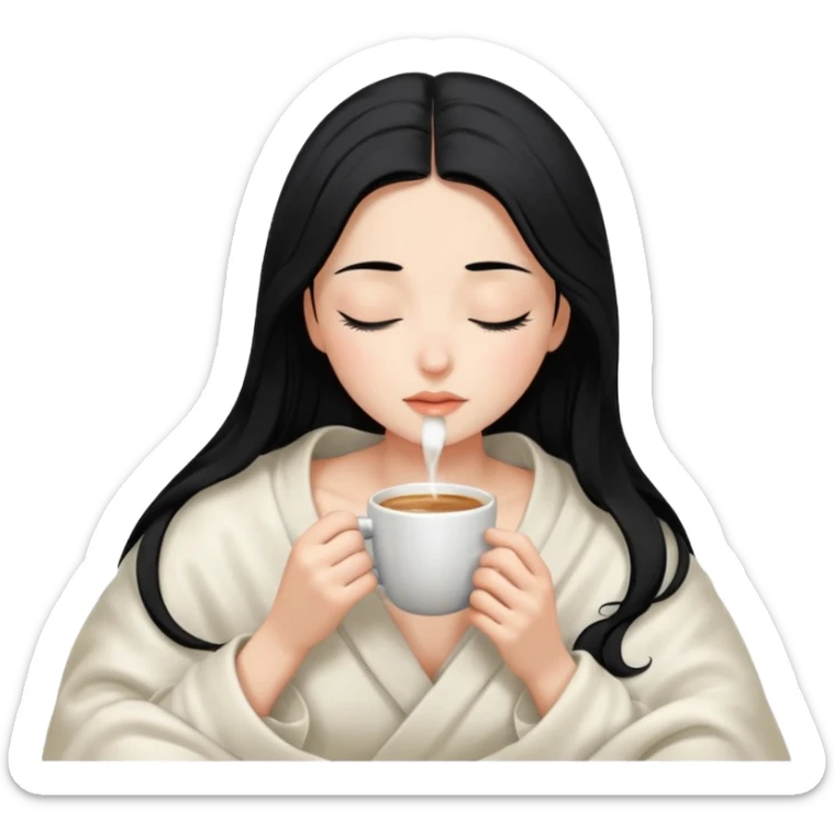 black hair girl long hair inside a white milky satin blanket sipping coffee eyes closed sticker