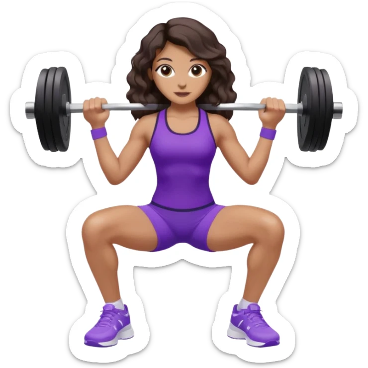 mujer de tez trigueña, con cabello castaño oscuro ondulado con pequeñas ondas, con el cabello super largo hasta las rodillas estilizado, con ropa deportiva morada/lila, tenis blancos deportivos y levantando una pesa sticker