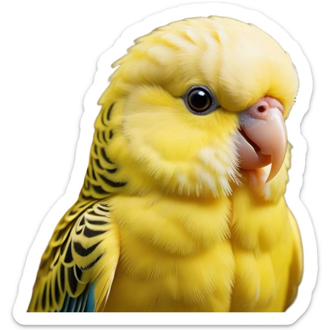 Cinematic Noble Yellow Budgie Portrait Emoji, Poised and regal, with a petite, delicate build and a smooth, well-groomed fur of brilliant yellow feathers, deep-set soulful dark eyes, Simplified yet sharp and sophisticated features, highly detailed, glowing with a soft, dignified glow, high shine, intelligent and charming, stylized with an air of elegance, focused and attentive, soft glowing outline, capturing the essence of a watchful and confident avian companion, so majestic it feels as though it could flutter out of the screen with effortless authority! sticker