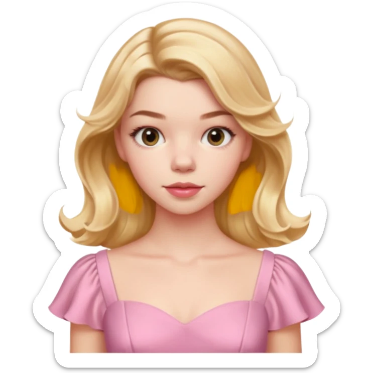 Cinematic Realistic Anya Taylor Joy Portrait, depicted with lifelike skin texture, subtle rosy undertones, and soft natural lighting that enhances the gentle contours of her face. Her intricately detailed golden blonde hair is elegantly wavy, and pink dress sticker