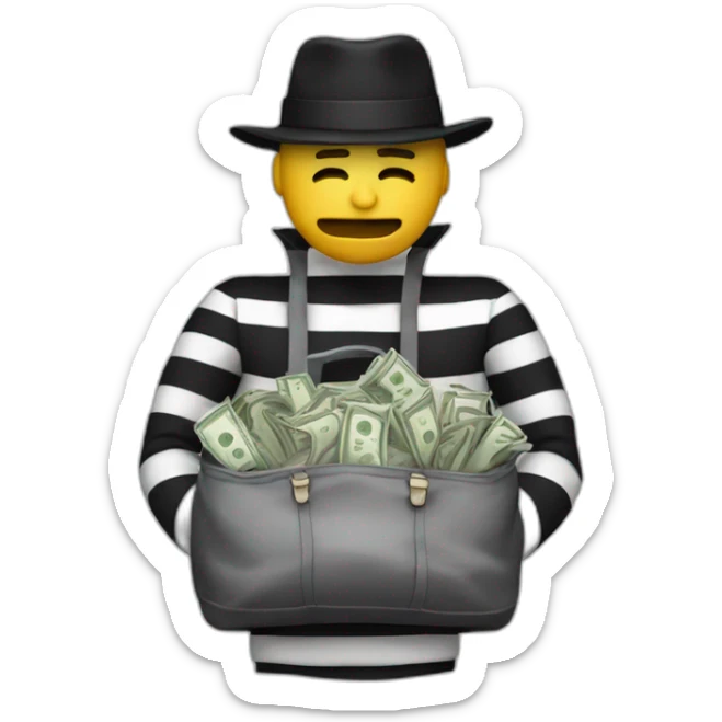 A man with a bag of money, in striped clothes and his eyes are closed with a black bandage, and on top is a black hat sticker
