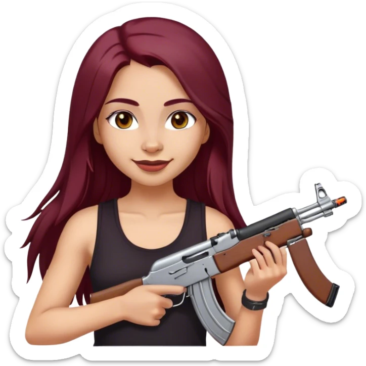 emoji of girl with an ak47 in hand with a black tank top, smiling with maroon dark long hair in a middle part with straight nose hazel eyes medium perfect eye brows with  a nose ring silver on the right nostril  sticker