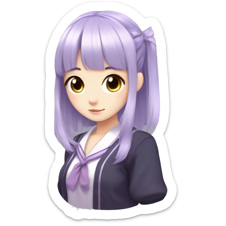 Anime girl with lilac hair, purple eyes, mole under eyes, japanese school uniform, bangs, straight long hair, hairband,  sticker
