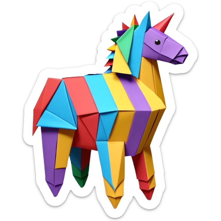 3D render of Piñata entirely of folded origami paper, sharp creases, cardboard texture, matte finish, visible paper grain, craft aesthetic,emoji style, isolated on white background --v 6.0 sticker