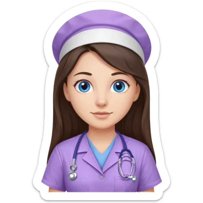 pretty brunette nurse with long hair and blue eyes in lilac scrubs sticker
