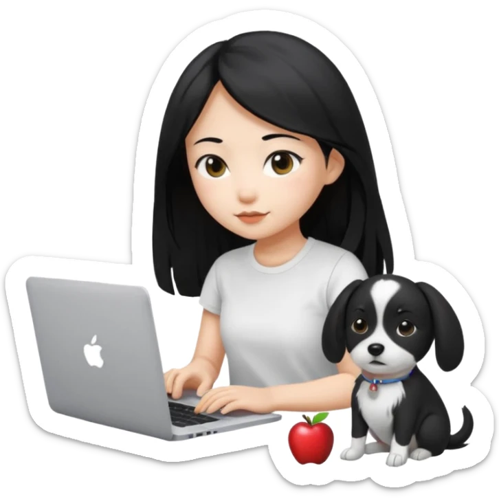 Blue back ground, Asian girl with long black hair , wearing a white t-shirt, working on an Apple laptop, next to her is a small black and white dog sticker