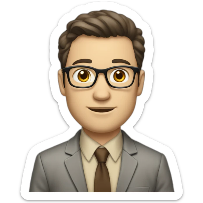 in front of a marker board Pale skinned fit man with dark brown hair in gray jacket, beige office shirt, brown tie, brown pants and vintage glasses. sticker