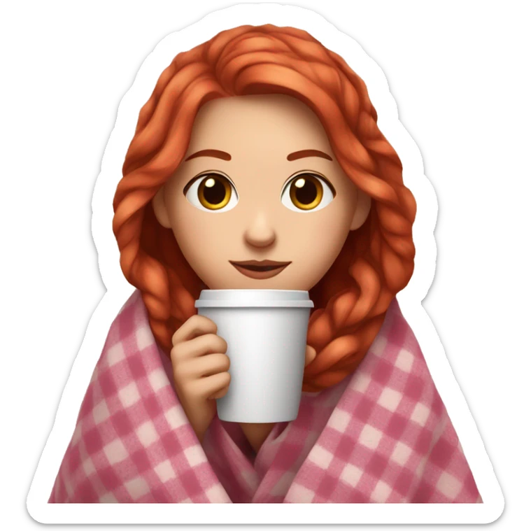 cute auburn red hair girl wrapped in pink plaid blanket drinking coffee sticker
